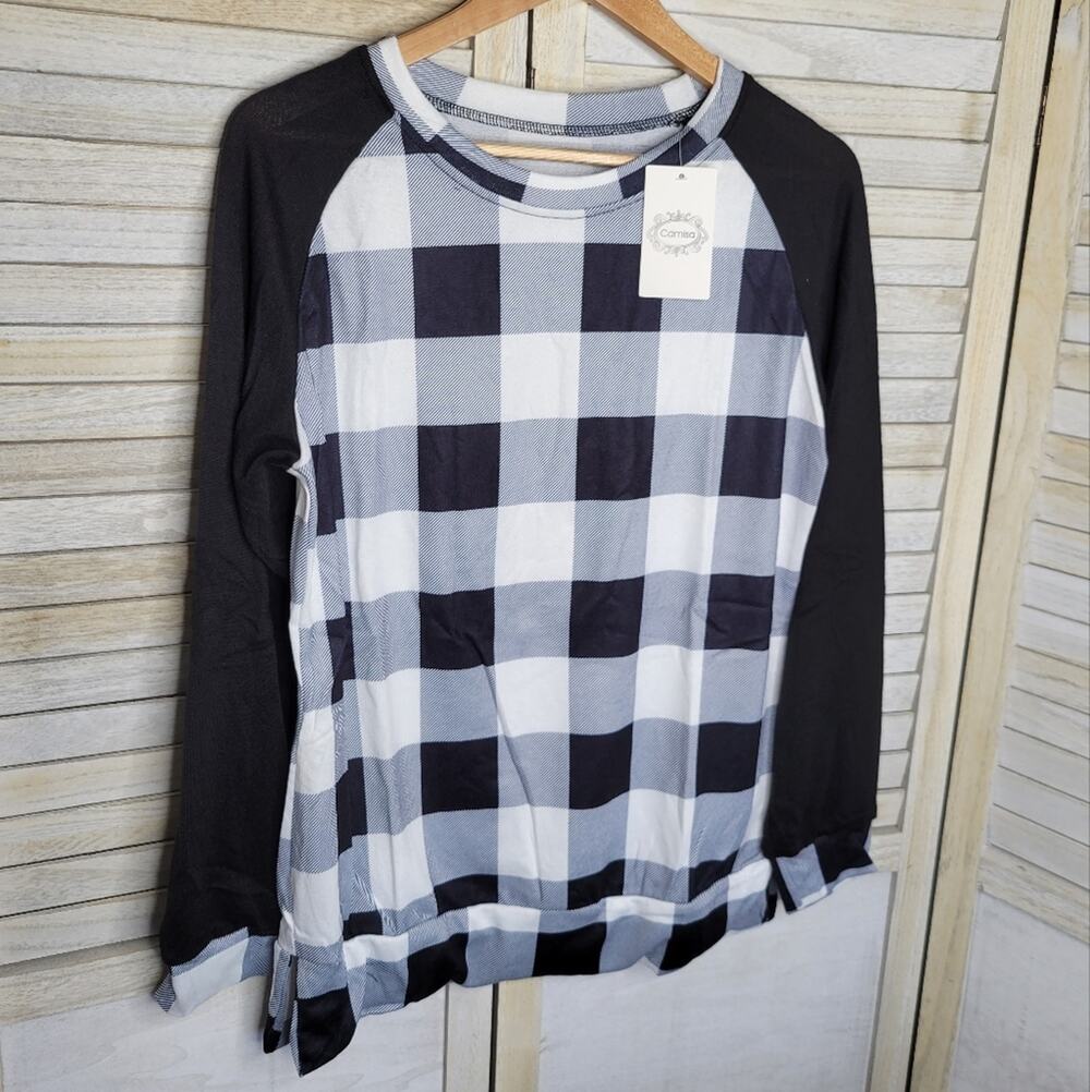 New Plaid Baseball Tee Black White Womens Size Medium Crewneck Shirt Casimo